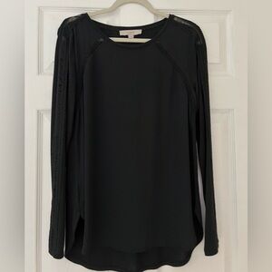 LOFT Black Mixed Media Top Long Sleeve Blouse with Lace Detail Size M